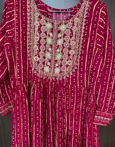 Pink Embroidered Striped Kurti