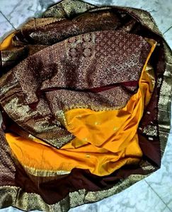 Mustard yellow Meroon pure Kanjeevaram silk sari