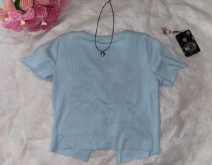 Baby Blue Tie-Front Bow Crop Top