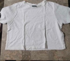 White Cropped Top with Crochet Sleeves
