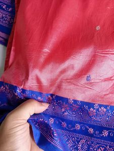 Vibrant pink orange Saree with Blue Border