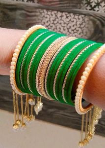 Elegant Green &amp; Gold Bangles with Pearl Dangles