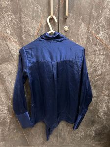 Elegant Navy Blue Satin Bow Blouse