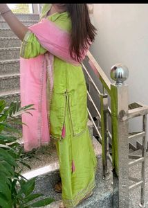 Stylish Lime Green Kurta Set with Pink Dupatta