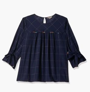 Navy Blue Plaid Bell Sleeve Top