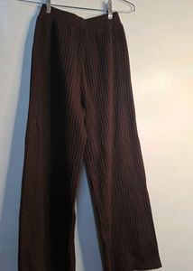 chocolate brown ribbed knit wide-leg pants.