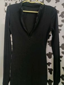 Black Ribbed Zip-Up Dress