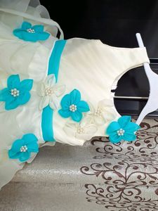 Elegant Turquoise &amp; White Flower Girl Dress