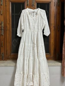 White Tiered Maxi Dress with Gold Print
