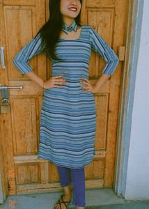 Sky Blue And Dark Lining Kurti With Extra C