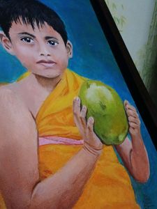 Boy with coconut- painting Framed