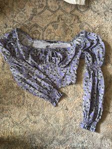 Purple Floral Puff Sleeve Crop Top