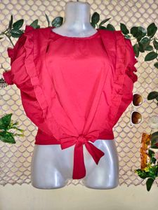 Chic Red Ruffle Tie-Front Top