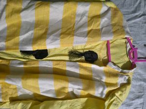 Yellow &amp; White Striped Layered kurti/Shrug Set