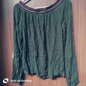 Embroidered Long-Sleeve Off-Shoulder Top