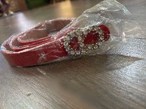 Red Designer Belt with Crystal Buckle