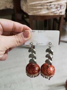 Red Jhumka Earrings with Black Stones