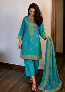 Teal Kurta Set with Gold Embroidery