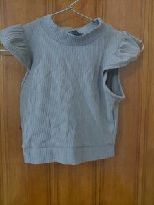Grey Ribbed Ruffle Sleeve Top