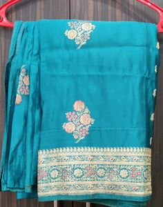Teal Embroidered Silk Saree