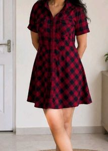 Red Plaid Button-Up Dress