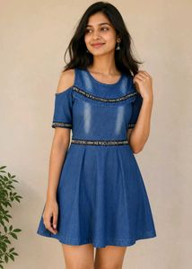 Stylish Blue Denim Cold Shoulder Dress
