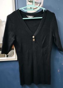 Black V-Neck Button Detail Knit Top