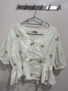 Chic White Eyelet Floral Peplum Top