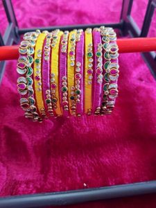 Set of Yellow &amp; Pink Silk Thread Bangles
