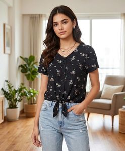 Chic Floral Tie-Front Button-Up Top