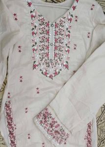 Cream Embroidered Kurta with Pink Dupatta