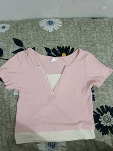 Pink Ribbed Henley Top with Cream Layer