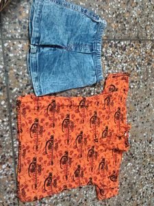 Cute Orange Printed Top and Denim Shorts Set
