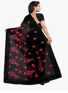 Elegant Black Saree with Pink Floral Embroidery