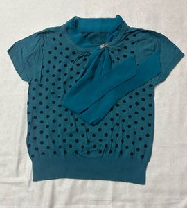 Teal Polka Dot Knit Top with Bow