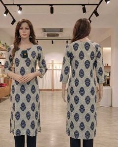 Brand New Cream & Indigo Printed Straight kurti
