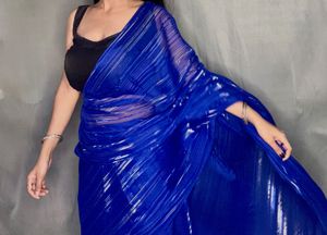 Royal Blue Sequined Saree without blouse peticot