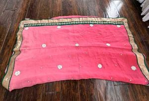 Pink Saree with Green &amp; Gold Border