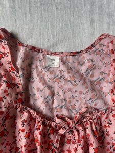 Pink Floral Puff Sleeve Square Neck Dress