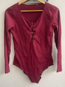 Maroon Ribbed Lace-Up Bodysuit