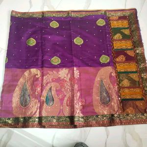 purple Silk cotton zari saree