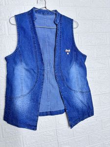 Stylish Blue Denim Vest with Rhinestones, Sleevele