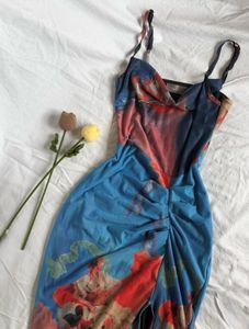 Mesh Ruched Cowl Bodycon Maxi Dress
