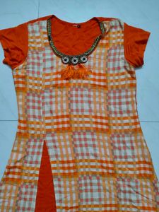 Orange Checkered Kurti with Embellished Neckline
