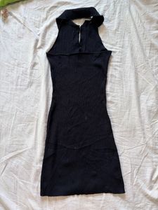 Black Ribbed Collared Halter Dress