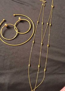 Gold Tone Hoop Earrings &amp; Layered Necklace Set