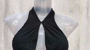 Black Textured Halterneck Bikini Top