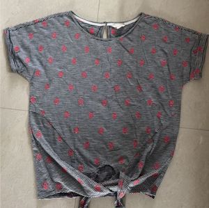 Striped Tie-Front Top with Pink Embroidery
