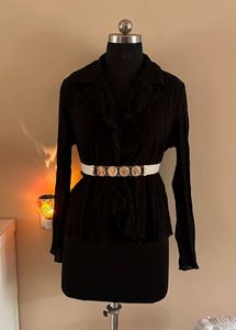 Black Ruffle Blouse with Coin Belt