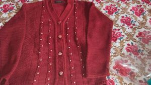 Elegant Red Cardigan with Pearl Accents